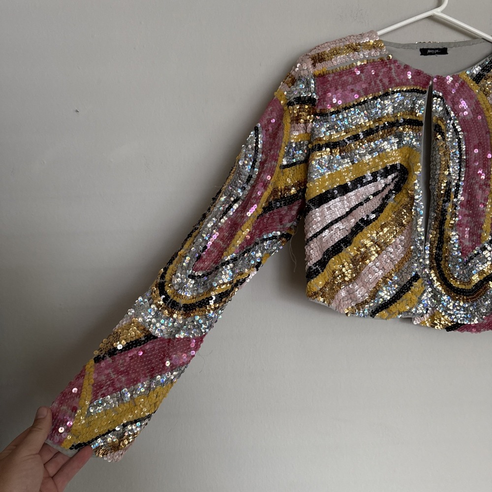 Nasty Gal Collection Embellished Sequin Long Drop Sleeve Jacket US Size 12 - Picture 3 of 10